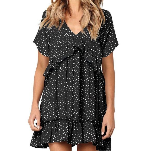 liher Women Summer Dress V Neck Short Sleeve Ruffle Casual Loose Swing Dresses - Picture 1 of 6